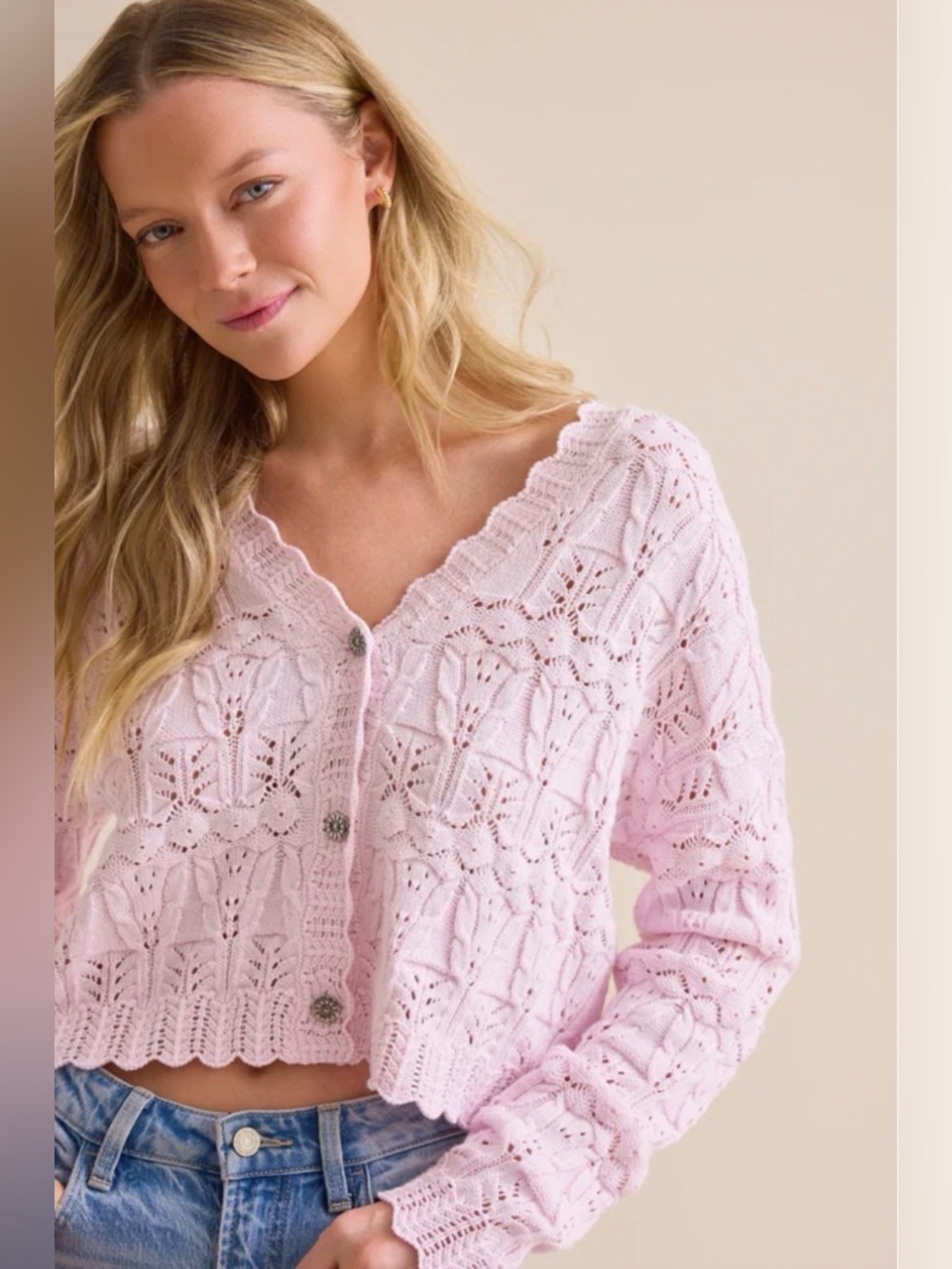 Altar'd State Pale Pink Eyelet Knit Button Cardigan